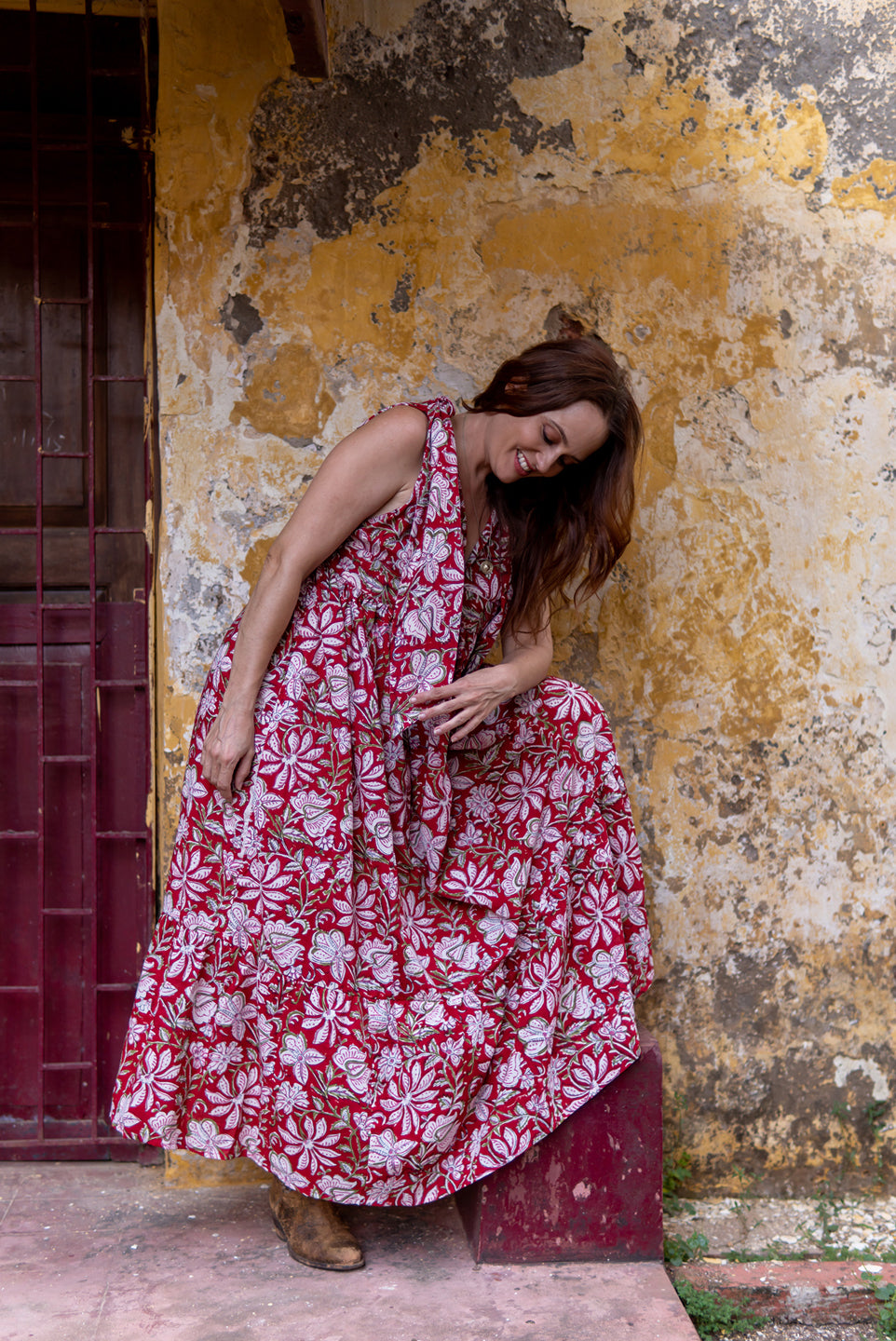 Red Flare – Floral Hand Block Printed Maxi Dress