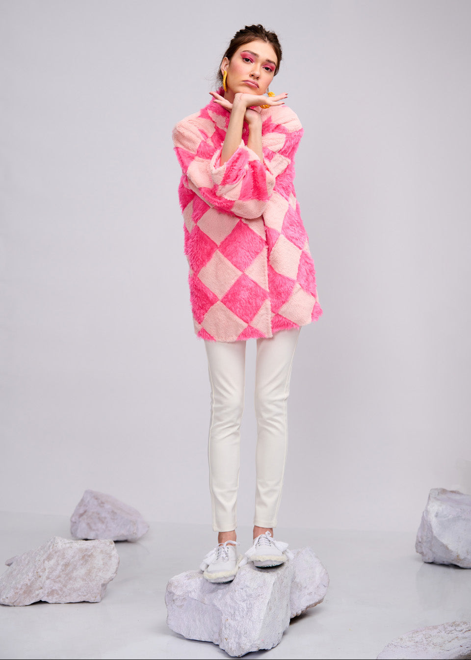 Waffly – Pink & Blush Checker Faux Fur Jacket