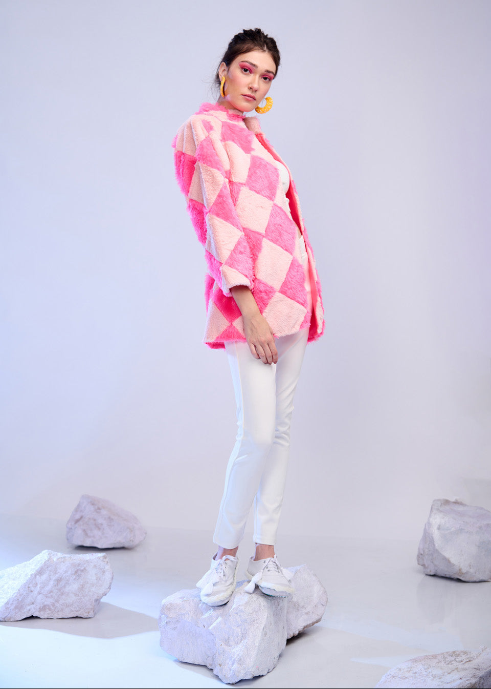 Waffly – Pink & Blush Checker Faux Fur Jacket