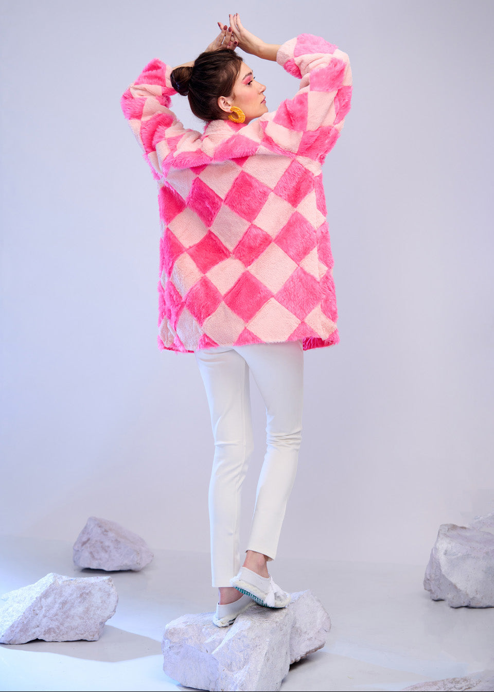Waffly – Pink & Blush Checker Faux Fur Jacket