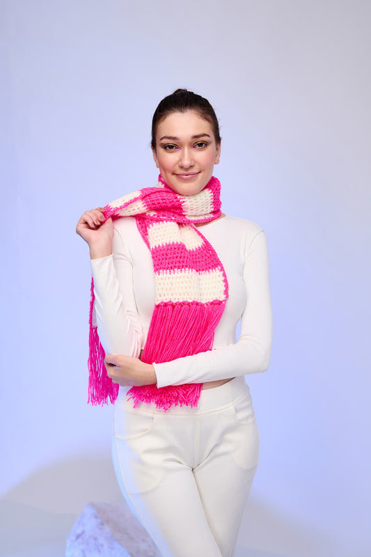 Pink & Cream Striped Knit Fringe Scarf | Cozy Statement Winter Scarf – ThatRomeo