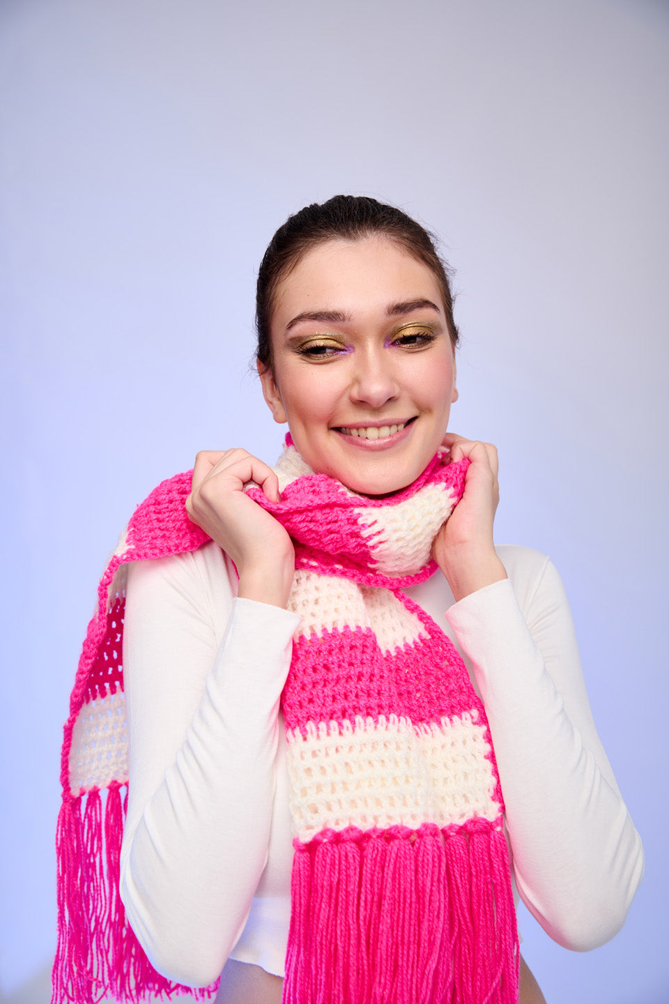 Pink & Cream Striped Knit Fringe Scarf | Cozy Statement Winter Scarf – ThatRomeo