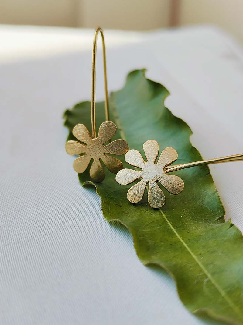 Daisy Drop – Brass Flower Hook Earrings
