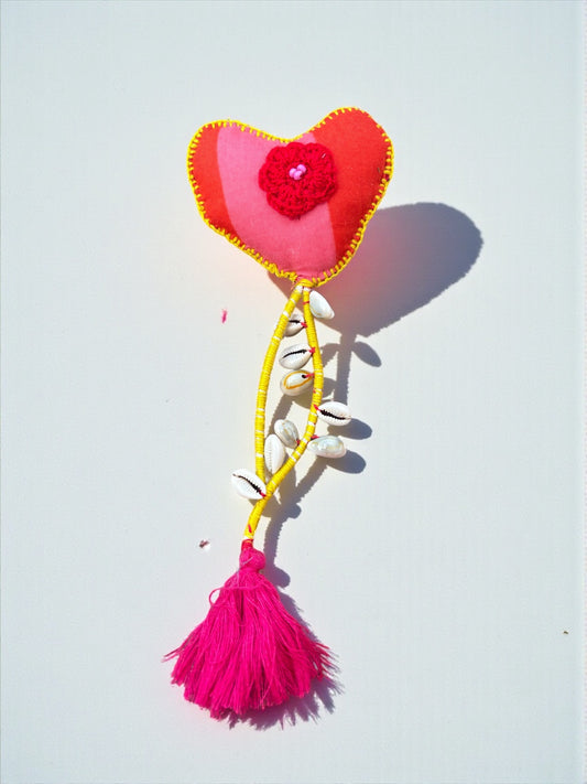 Boho Heart Keychain – Handmade Upcycled Fabric Charm with Shells & Pink Tassel