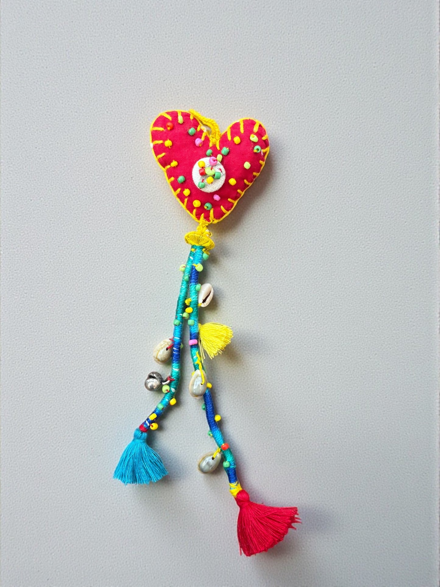 Boho Heart Charm – Handmade Upcycled Fabric Hanging with Beads, Shells & Tassels