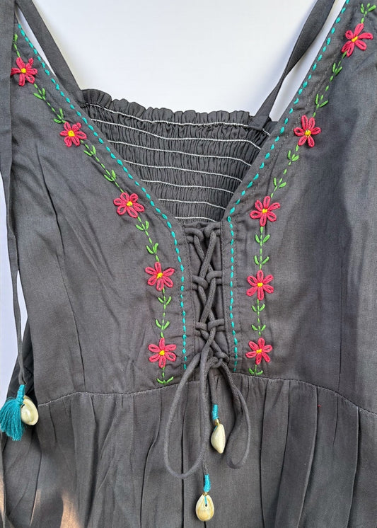 Charcoal Bloom Embroidered Lace-Up Strappy Top