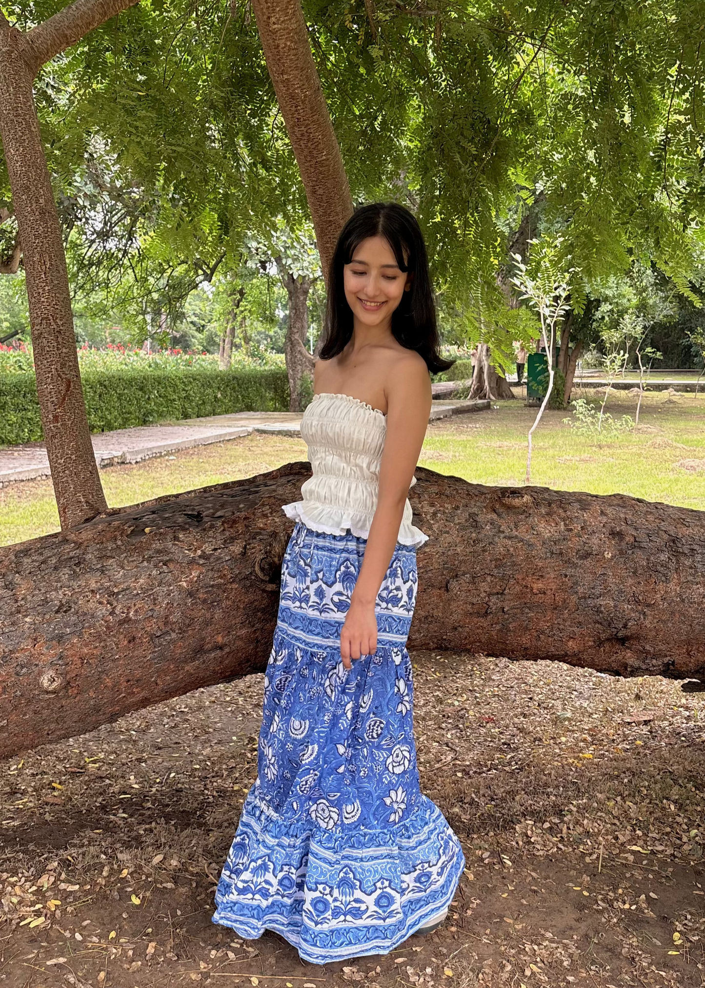 Blue Blossom Block-Print Skirt