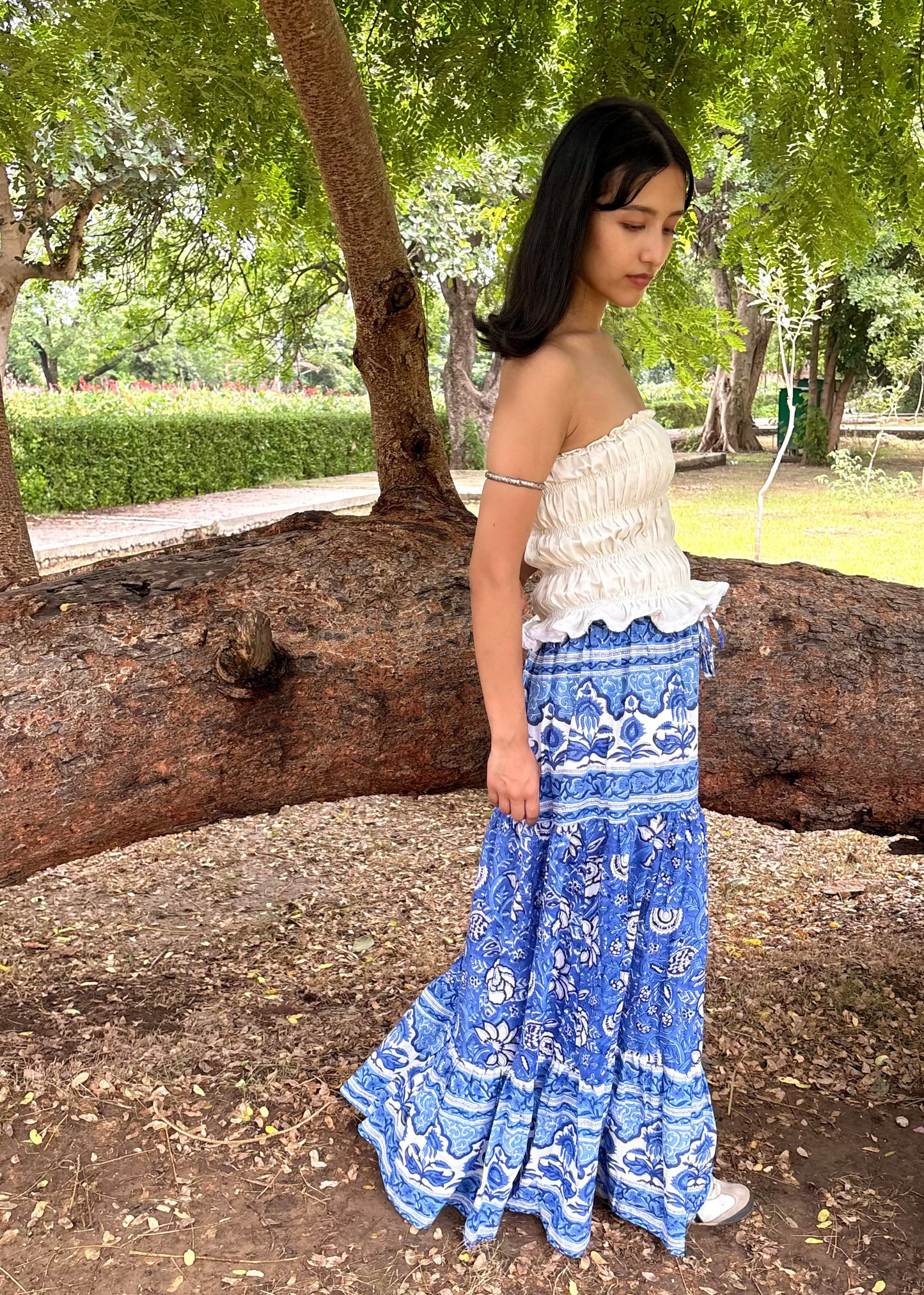 Blue Blossom Block-Print Skirt
