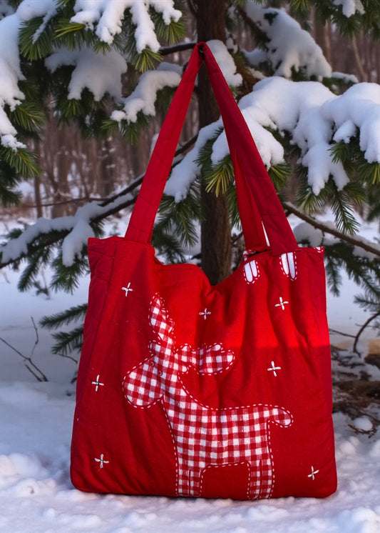 Handcrafted Christmas Tote Bag – Red Quilted Reindeer Cotton Tote
