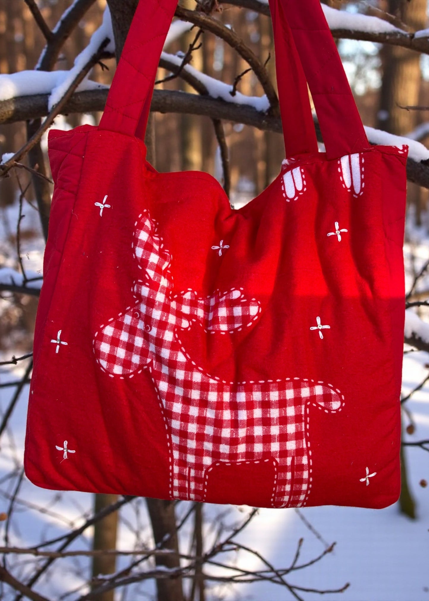 Handcrafted Christmas Tote Bag – Red Quilted Reindeer Cotton Tote
