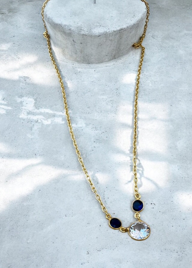Alice Brass Necklace with Clear and Blue Crystals – That Romeo