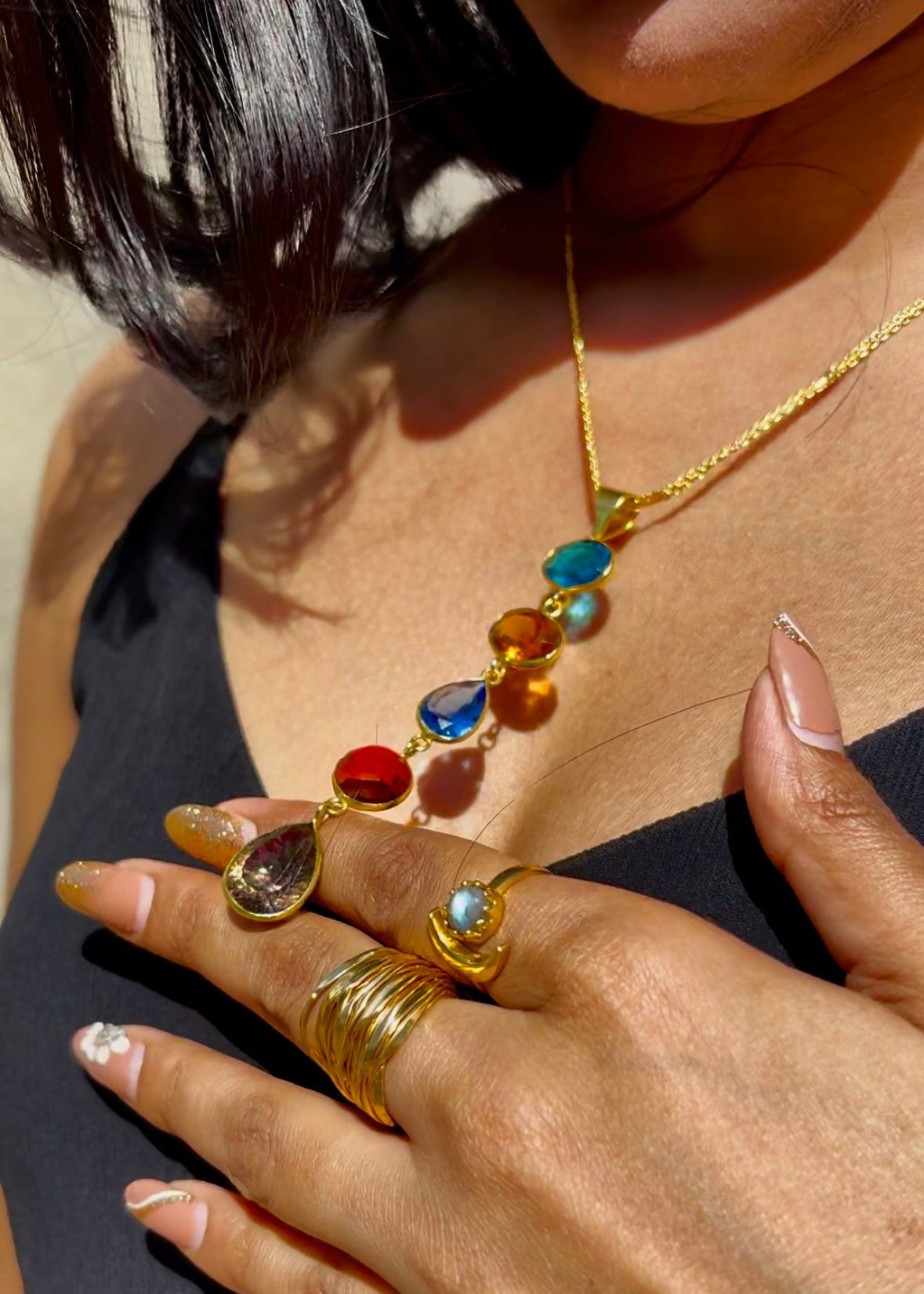 Luna Brass Necklace with Multicolor Crystal Drop – That Romeo