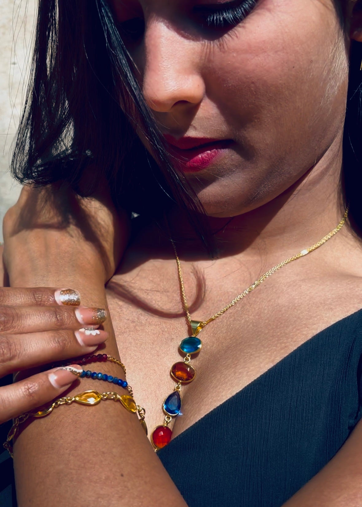 Luna Brass Necklace with Multicolor Crystal Drop – That Romeo