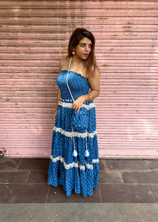 Blue Bandhani Smocked Dress