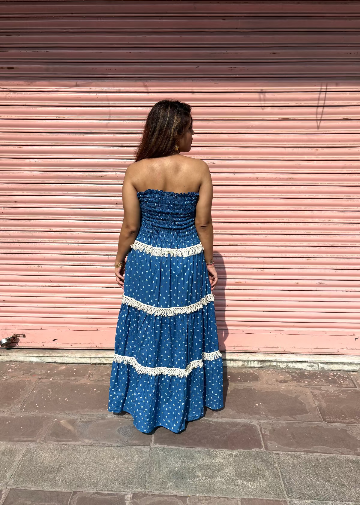 Blue Bandhani Smocked Dress