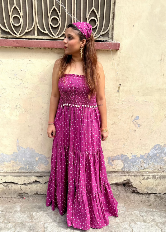 Purple Bandhani Smocked Dress