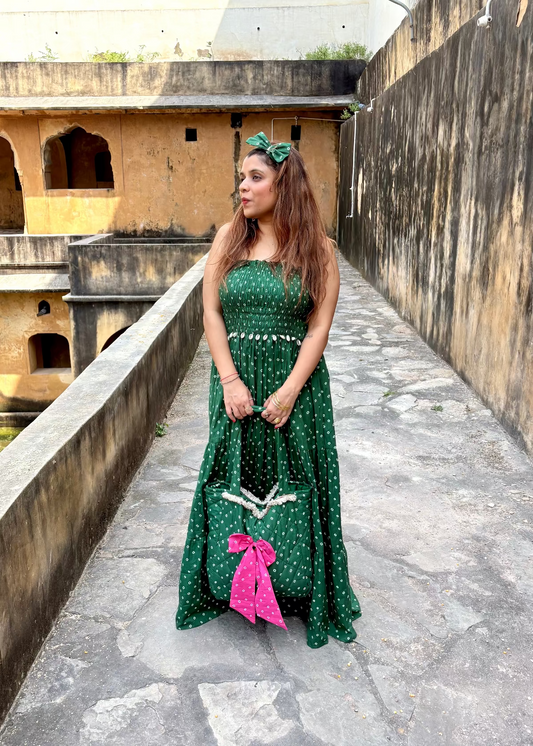 Green Bandhani Smocked Dress