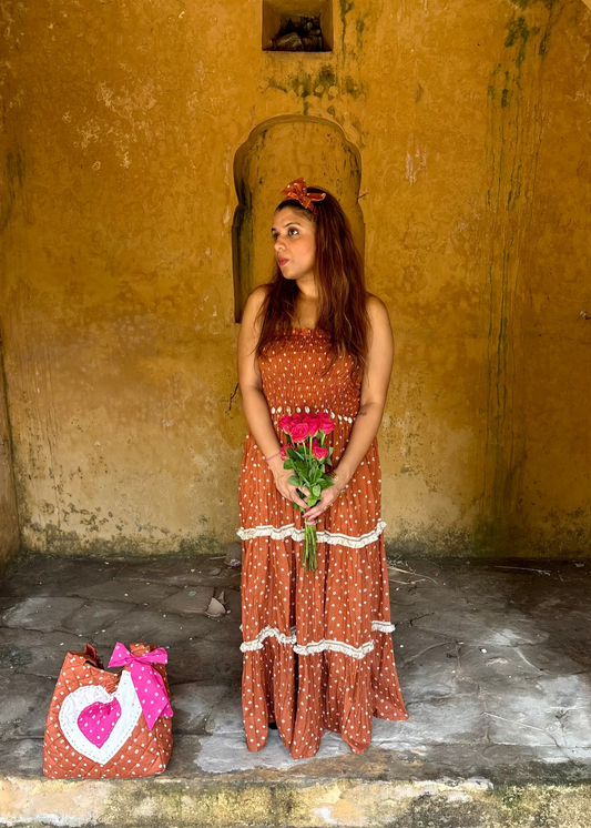 Brown Bandhani Smocked Dress