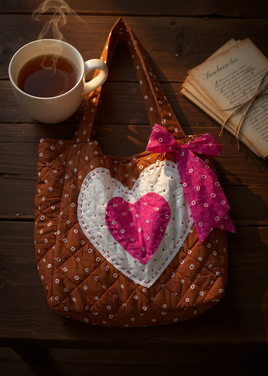 Brown Heart Bandhani Quilted Tote Bag