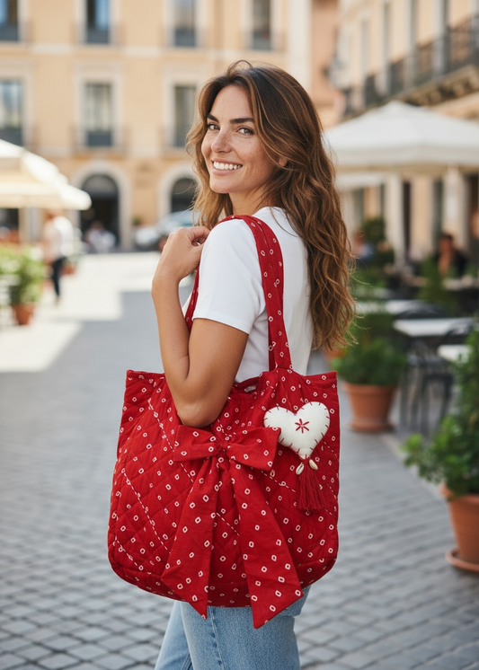 Model carrying a red Bandhani quilted tote bag by That Romeo with bow detail and heart tassel charm, styled with casual jeans and a white tee on a cobblestone street.