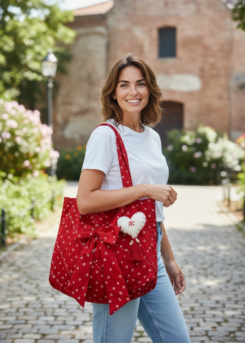 Model carrying a red Bandhani quilted tote bag by That Romeo with bow detail and heart tassel charm, styled with casual jeans and a white tee on a cobblestone street.