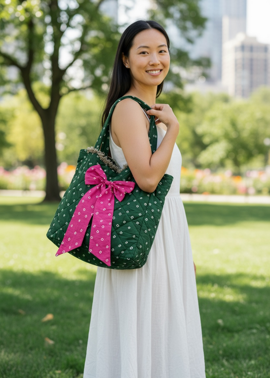 Woman holding a Green Bandhani quilted tote bag with pink bow by That Romeo in a park.