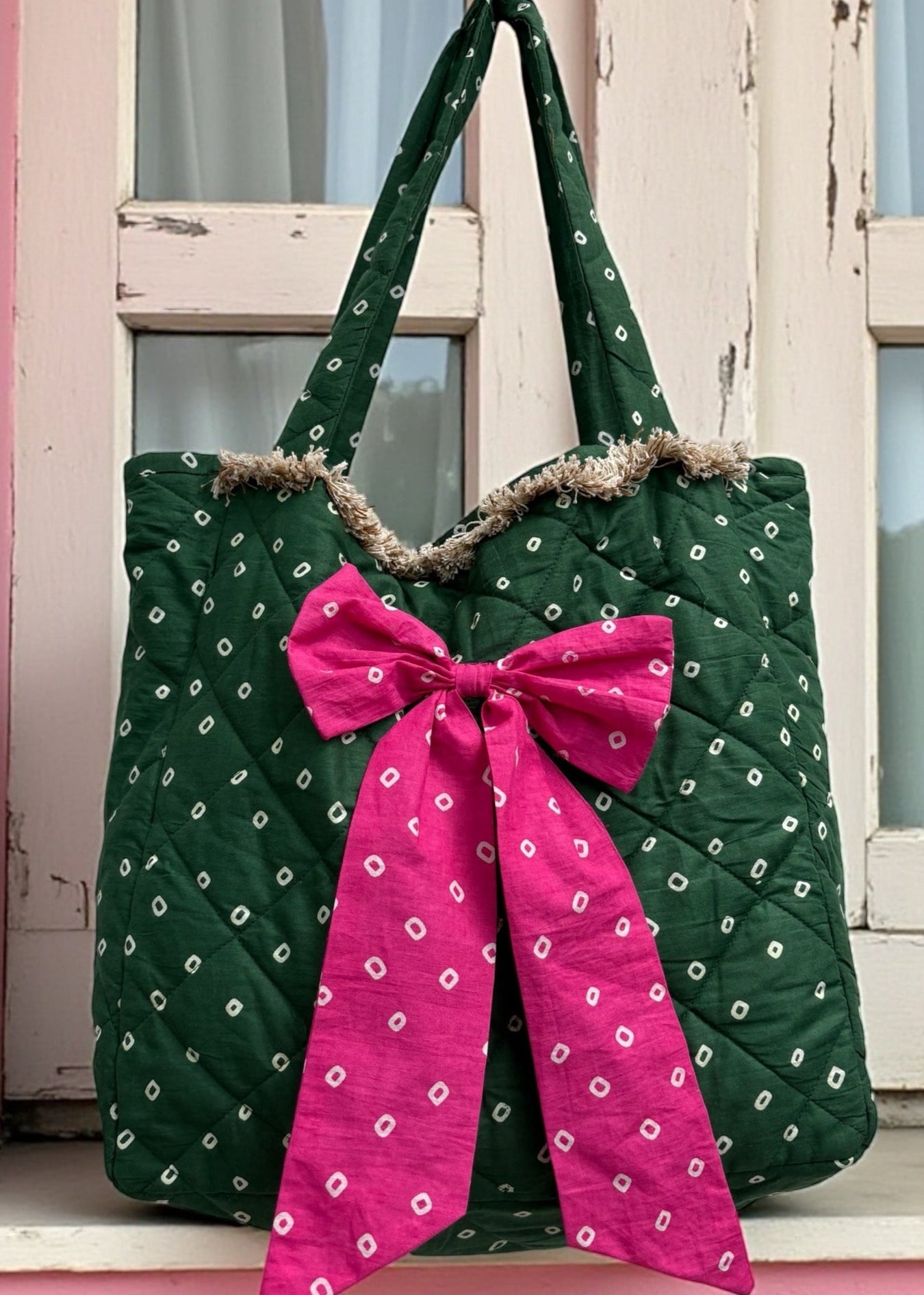 Green Bandhani Quilted Tote Bag