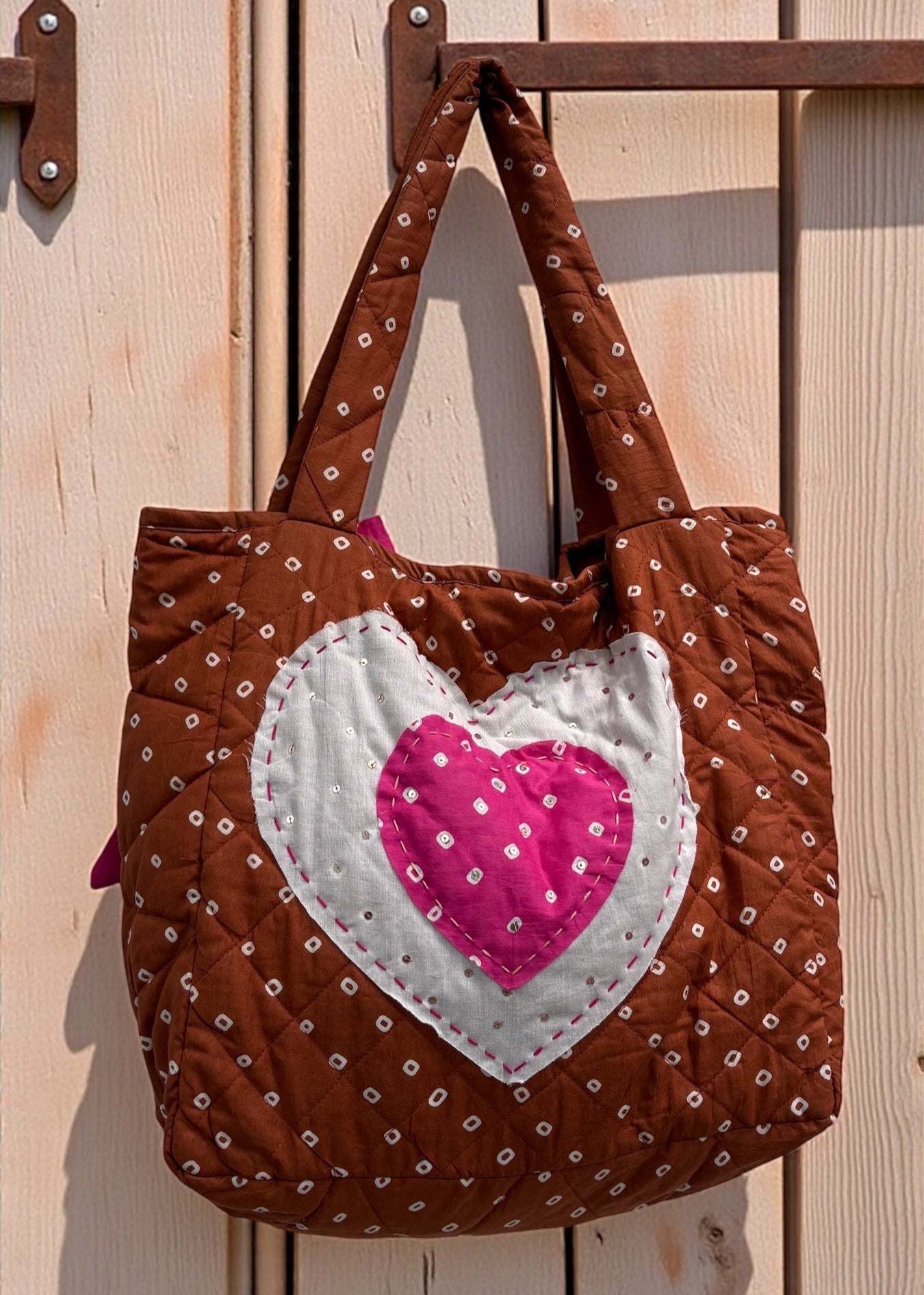 Brown Heart Bandhani Quilted Tote Bag
