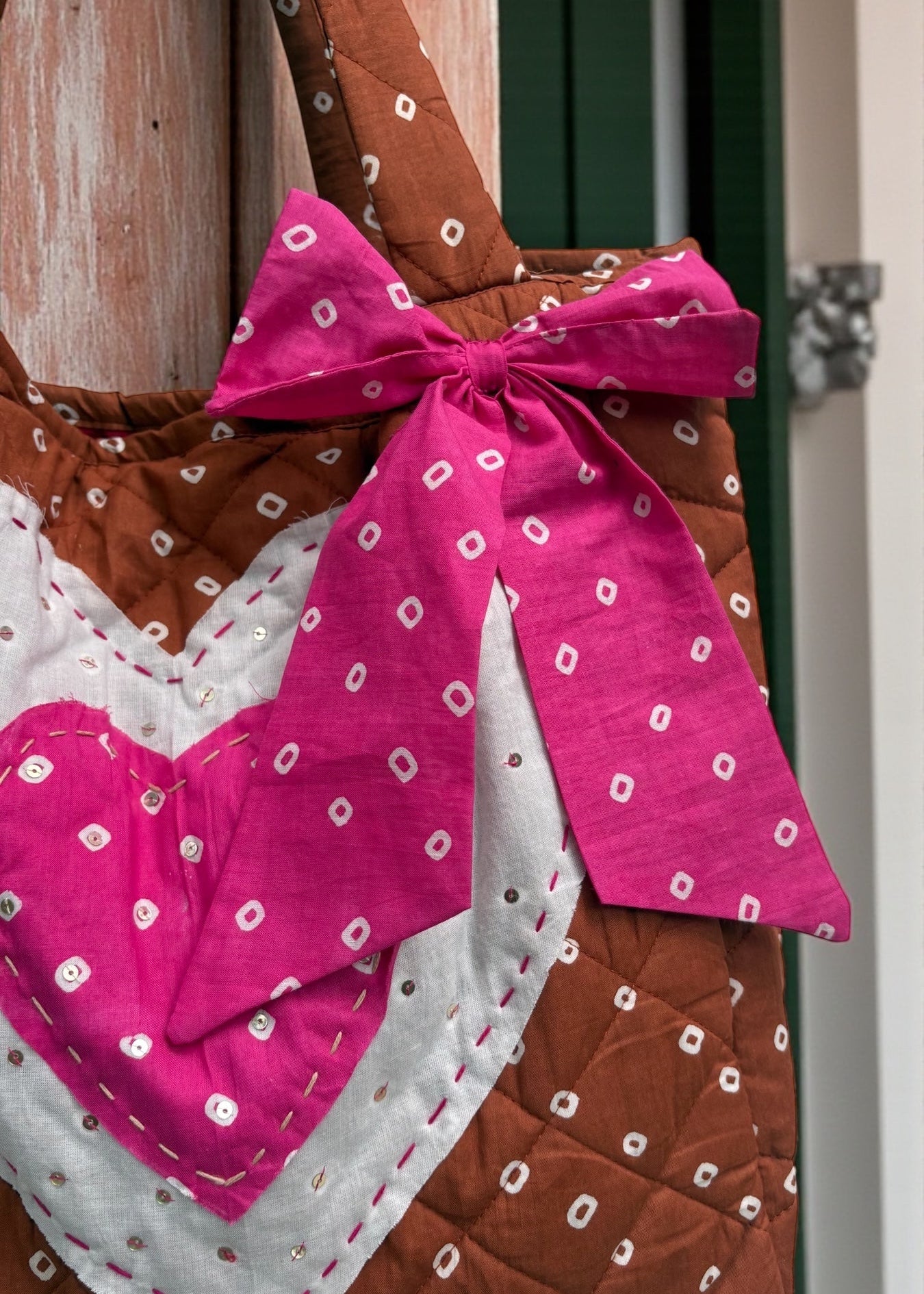 Brown Heart Bandhani Quilted Tote Bag