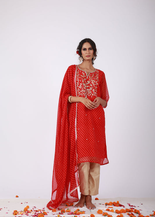 Red Bandhani Georgette Kurta Set