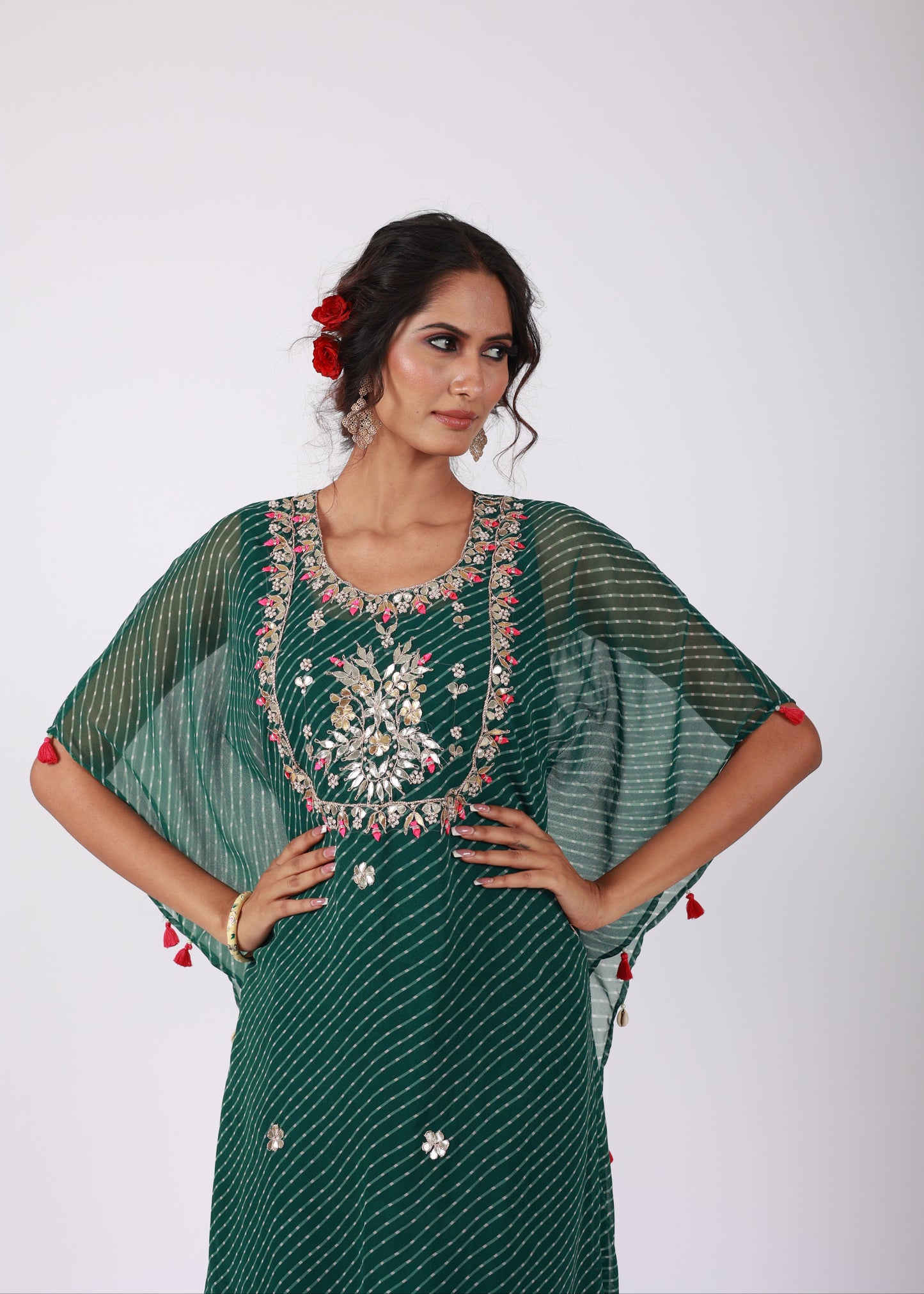 Roobroo – Green Leheriya Georgette Kaftan Set