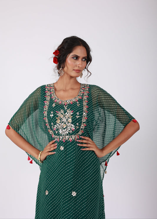 Roobroo – Green Leheriya Georgette Kaftan Set