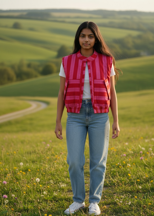 Model wearing ThatRomeo’s Berry Stripe Quilted Vest — pink striped cotton vest with quilted padding and open front.