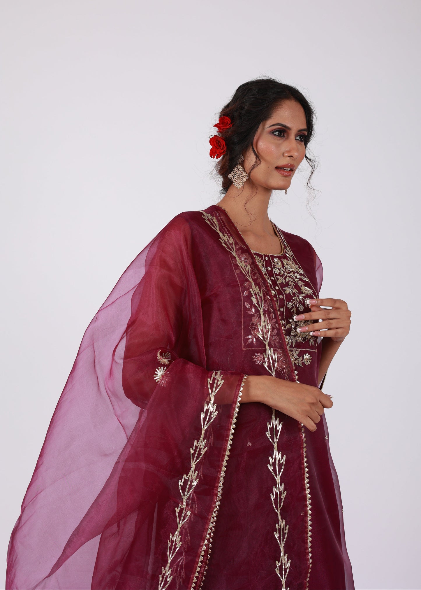 Wine Organza Straight Kurta Set