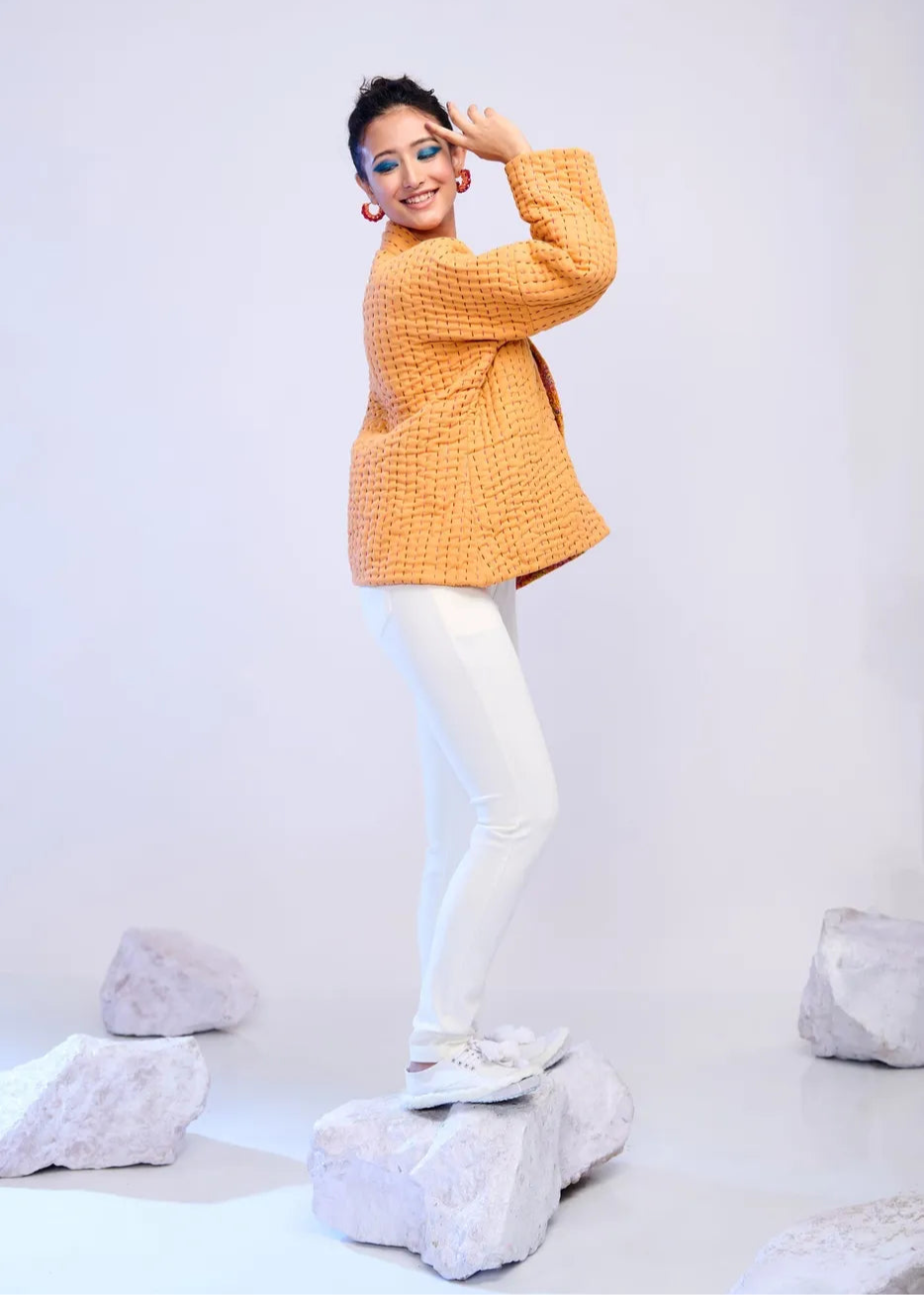 Petally – Ochre Handquilted Katha Embroidered Cotton Jacket