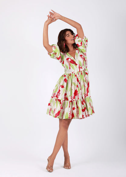 Tropical Garden – Red & Green Tropical Bird Print Cotton Dress