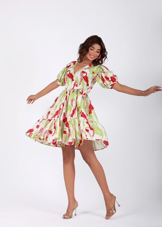 Tropical Garden – Red & Green Tropical Bird Print Cotton Dress