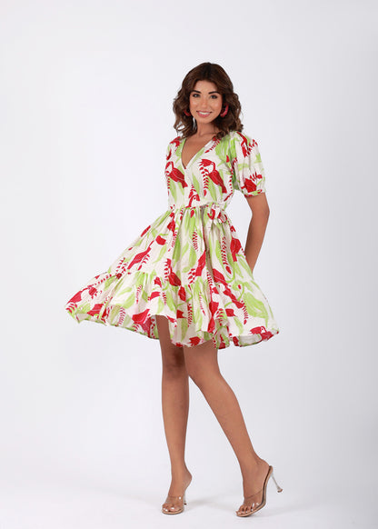 Tropical Garden – Red & Green Tropical Bird Print Cotton Dress