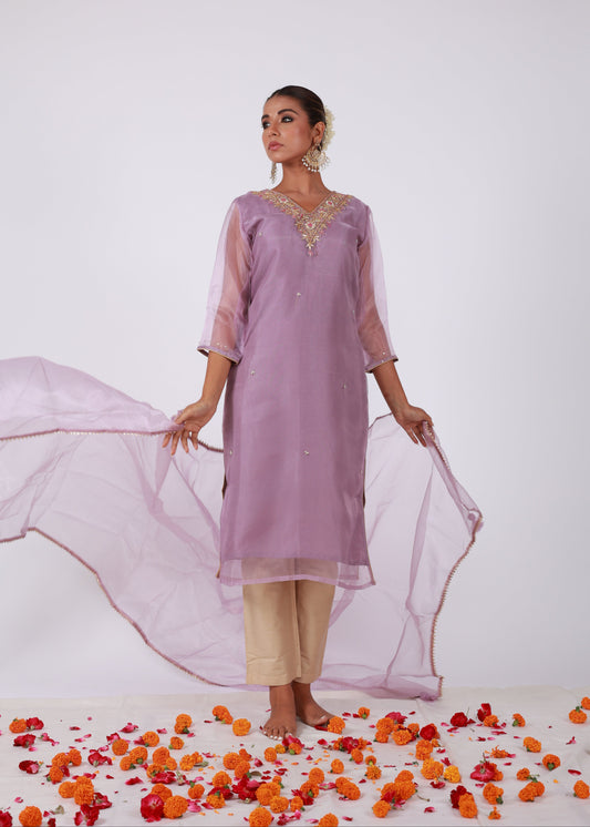 Lavender Organza Kurta Dupatta Set with Hand Embroidery