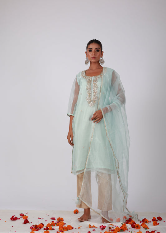 Model wearing That Romeo’s Roobroo ice blue organza kurta set with embroidered neckline and sheer dupatta, styled with light gold pants for a festive event.