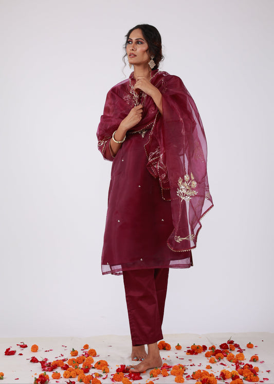 Model in That Romeo’s Roobroo wine organza straight kurta set with embroidered dupatta and light gold pants, styled for a festive celebration.