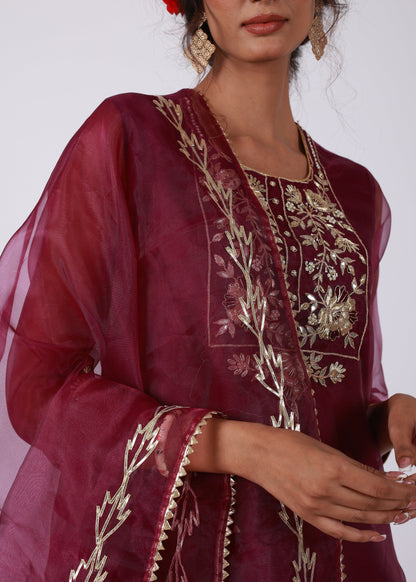 Wine Organza Straight Kurta Set