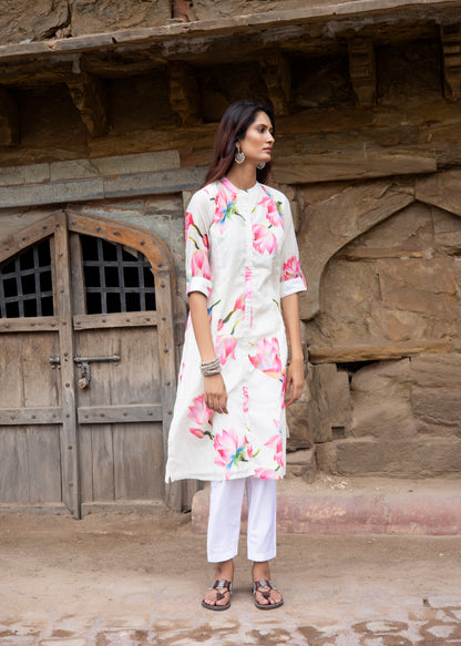 Roobroo – White Chanderi Silk Floral Kurta Set