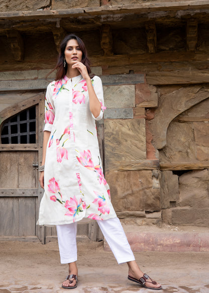 Roobroo – White Chanderi Silk Floral Kurta Set