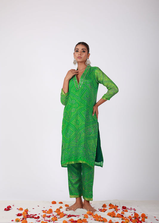 Green Bandhani Semi-Silk Kurta Set with Embellished Neckline