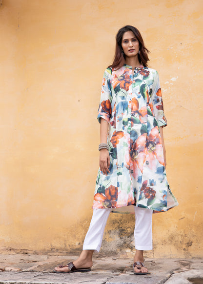 Model wearing the Roobroo multicolor Chanderi silk kurta with floral print and embellished neckline – a statement piece from That Romeo’s Roobroo Collection.