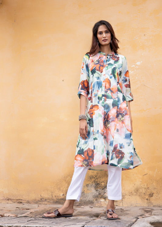 Model wearing the Roobroo multicolor Chanderi silk kurta with floral print and embellished neckline – a statement piece from That Romeo’s Roobroo Collection.