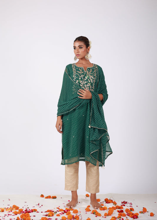 Green Bandhani Georgette Kurta Set with Gota Patti & Zari Work