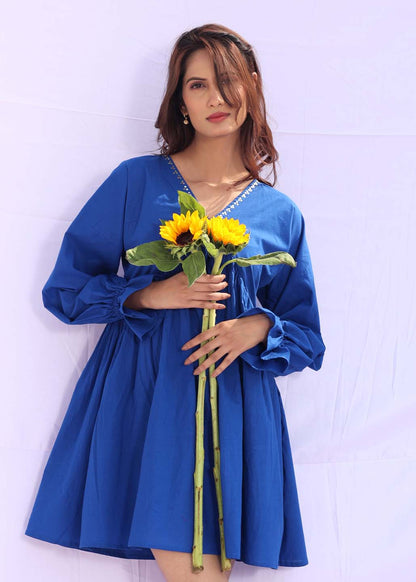 Blue Sunflower – Handcrafted Cotton Flare Dress