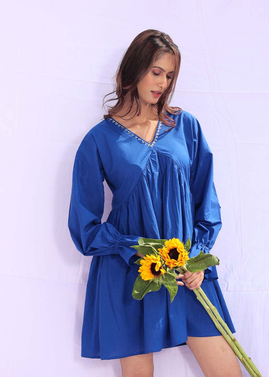 Blue Sunflower – Handcrafted Cotton Flare Dress